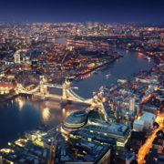 London at night with urban architectures and Tower Bridge